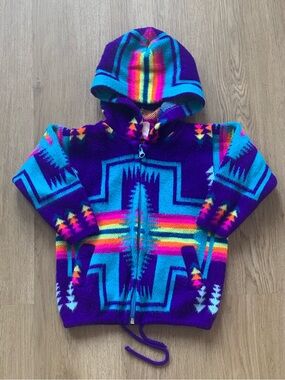 Artesanias Tuntaquimba wool Aztec hooded zip sweater toddler 2 bright colours